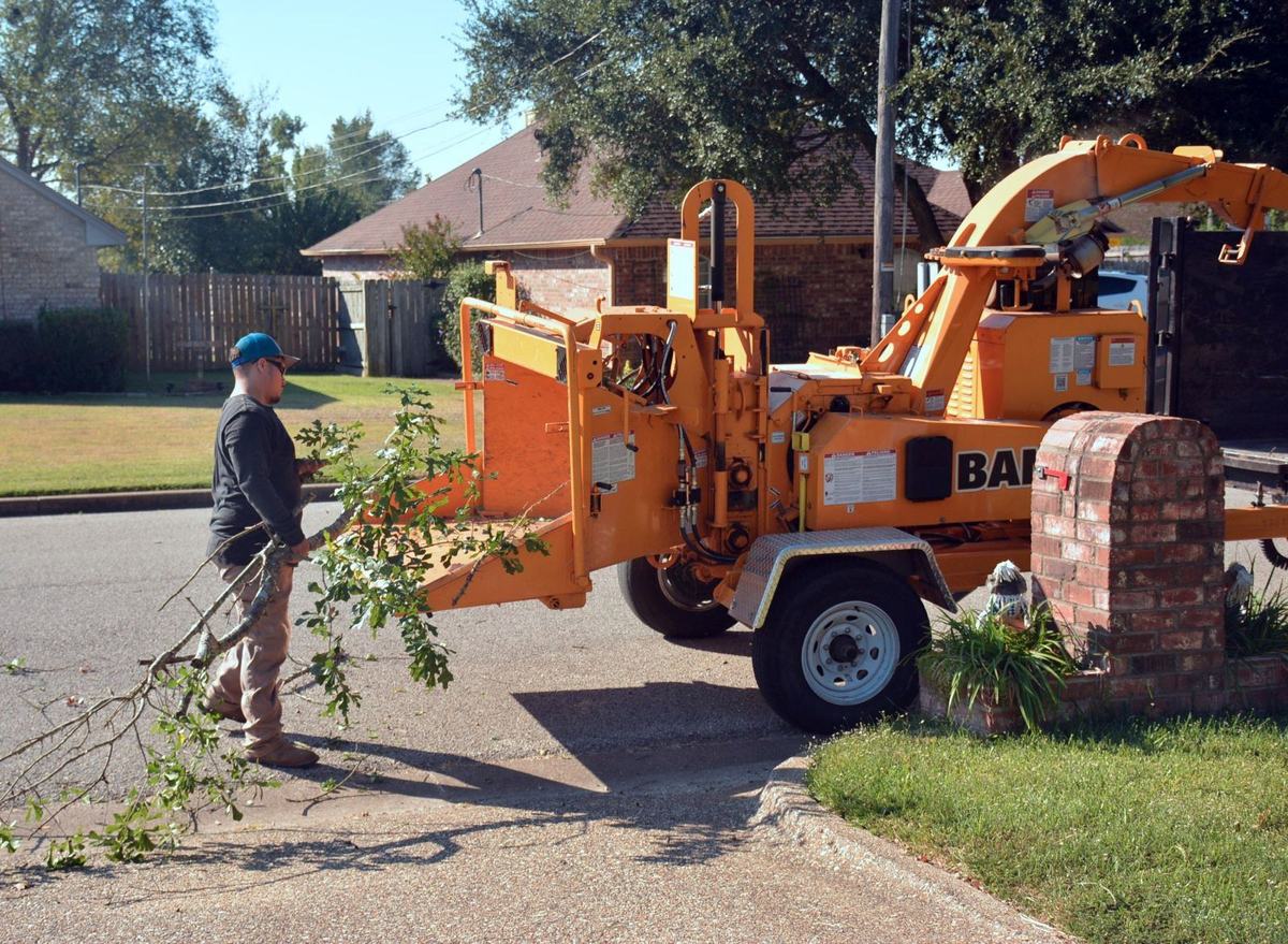 Tree crew member feeding cut branches into an orange wood chipper parked on a quiet residential street
